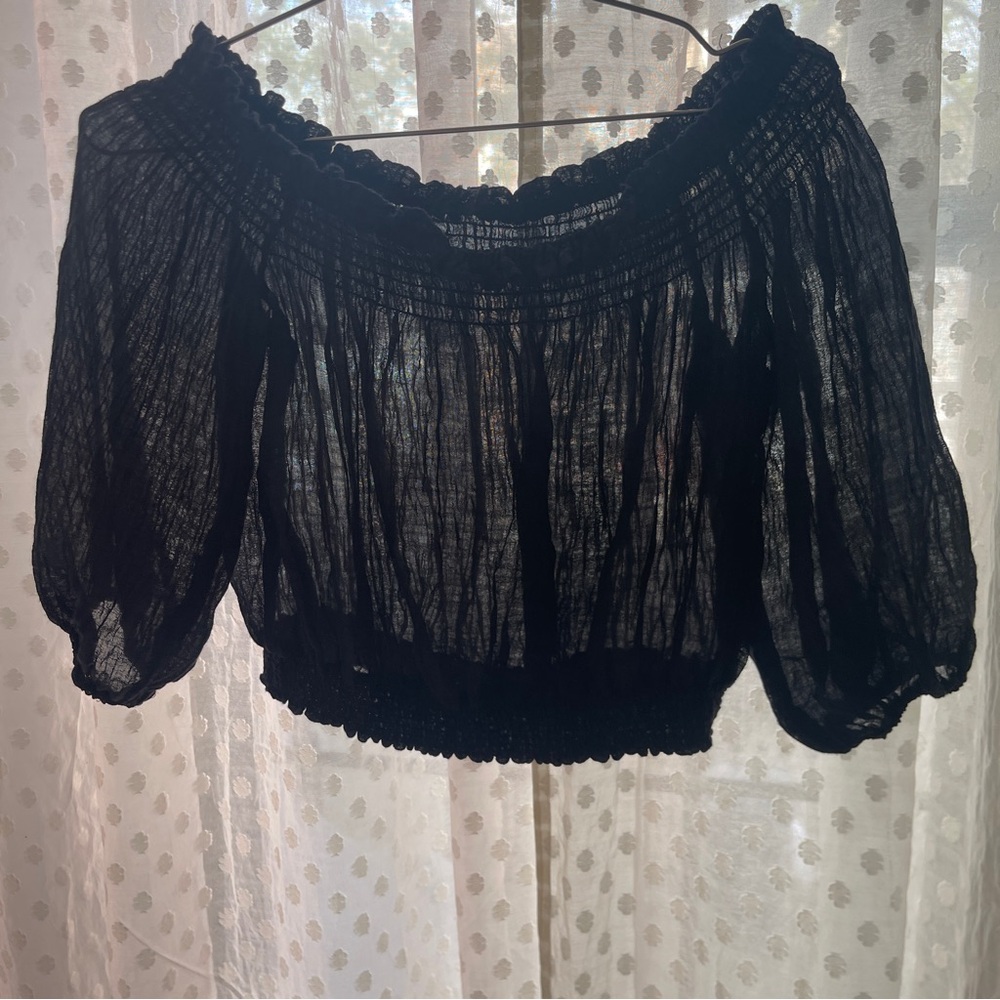 Gauzy Cropped Smocked Off-Shoulder Black Peasant Top